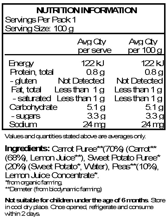 Carrot Puree** (70%) (Carrot**68%, Lemon Juice**), Sweet Potato Puree* (20%) (Sweet Potato*, Water),
Peas** (10%), Lemon Juice Concentrate*. 
*from organic farming, 
**Demeter (from biodynamic farming)
