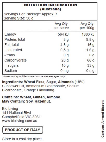 Wheat Flour, Sugar, Almonds (18%), Sunflower Oil, Ammonium Bicarbonate, Sodium Bicarbonate, Orange Flavouring.

Contains: Wheat, Gluten, Almond.
May Contain: Soy, Hazelnut.