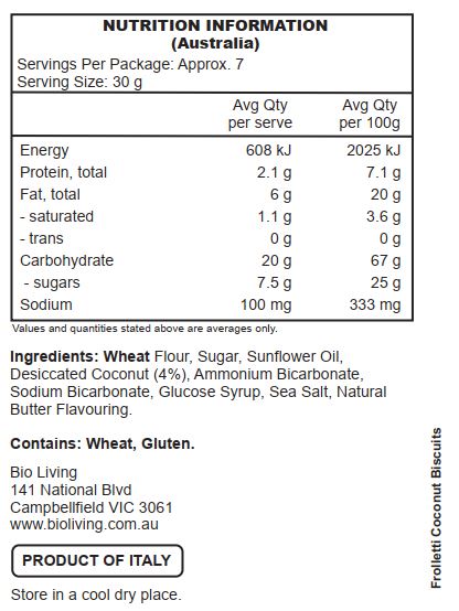 Wheat Flour, Sugar, Sunflower Oil, Desiccated Coconut (4%), Ammonium Bicarbonate, Sodium Bicarbonate, Glucose Syrup, Sea Salt, Natural Butter Flavouring.

Contains: Wheat, Gluten.