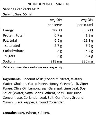 Coconut Milk (Coconut Extract, Water), Water, Shallots, Garlic Puree, Honey, Green Chilli, Ginger Puree, Olive Oil, Lemongrass, Galangal, Lime Leaf, Soy Sauce (Water, Soya Beans, Wheat, Salt), Lime Juice Concentrate, Coriander Leaf, Salt,
Cornflour, Ground Cumin, Black Pepper, Ground Coriander.

Contains: Soy, Wheat, Gluten.