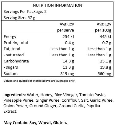 Water, Honey, Rice Vinegar, Tomato Paste, Pineapple Puree, Ginger Puree, Cornflour, Salt, Garlic Puree, Onion Powder, Ground Ginger, Ground Garlic, Paprika Extract.

Manufactured on premises that also handle Wheat, Gluten, Soy.