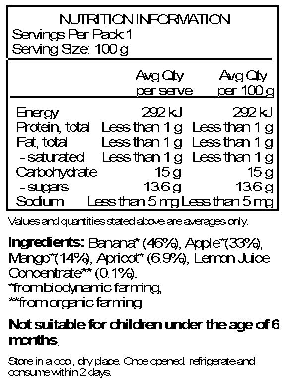 Peach* 40%, Apricot* 25%, Banana* 33%, Spelt* 2%

*From Biodynamic Farming