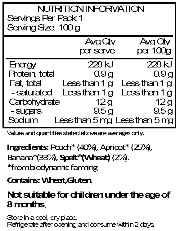 Peach* 40%, Apricot* 25%, Banana* 33%, Spelt* 2%.

*From Biodynamic Farming