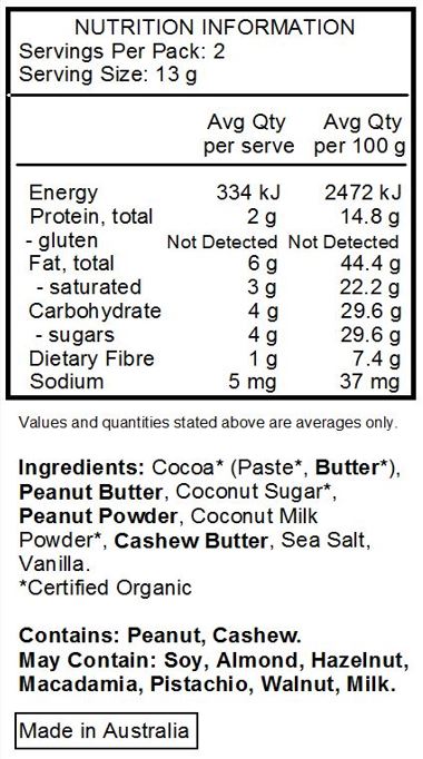 Cacao Paste*, Peanut Butter, Coconut Sugar*, Cacao Butter*, Peanut Powder, Coconut Milk Powder*, Cashew Butter, Sea Salt, Vanilla. *Certified Organic