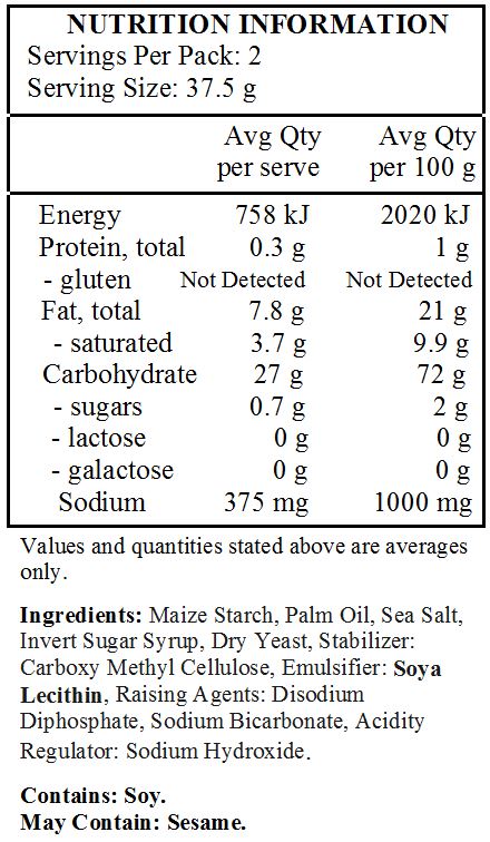 maize starch , palm oil , sea salt , invert sugar syrup , dry yeast , stabilizer: disodium diphosphate , sodium bicarbonate ; acidity regulator: sodium hydroxide