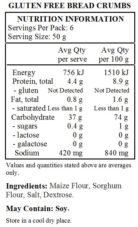 Maize Flour, Sorghum Flour, Salt, Dextrose.
May Contain: Soy