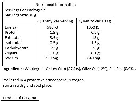 Wholegrain yellow corn (87.1%), olive oil (12%), sea salt (0.9%). 