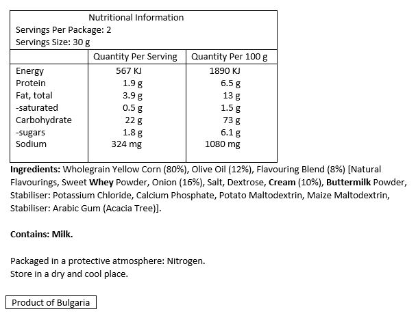 Wholegrain yellow corn (80%), olive oil (12%), flavouring blend (8%) [natural flavourings, sweet whey powder, onion (16%), salt, dextrose, cream (10%), buttermilk powder, stabiliser: potassium chloride, calcium phosphate, potato maltodextrin, maize maltodextrin, stabiliser: arabic gum (Acacia tree)].