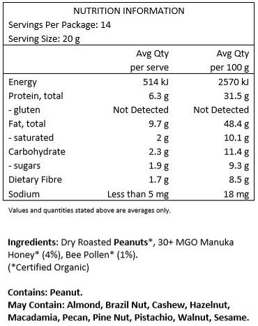 Dry Roasted Peanuts*, 30+ MGO Manuka Honey* (4%), Bee Pollen* (1%).
*Certfied Organic
Contains: Peanuts
May Contain: Sesame, Tree Nuts.
Warning: Bee Pollen may cause severe allergic reactions.