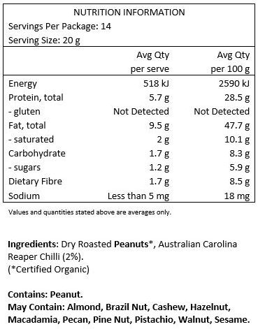 Dry Roasted Peanuts*, Australian Carolina Reaper Chilli (2%). *Certfied
Organic
Contains: Peanuts
May Contain: Sesame, Tree Nuts.