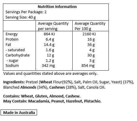 Pretzels (Wheat Flour, Salt, Palm Oil*, Sugar, Yeast), Blanched Almonds, Cashews, Salt, Canola Oil. *RSPO Certified 