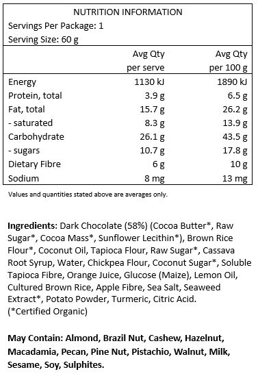 Dark Chocolate* 60% (Cocoa Mass*, Raw Sugar*, Cocoa Butter*, Sunflower Lecithin*), brown rice flour*, polenta flour*, chickpea flour*, coconut oil, water, tapioca flour, chicory root*, coconut flour*, apricots, glucose (maize), cassava root syrup, orange, seaweed extract*, potato powder, lemon oil, citric acid, sea salt, safflower petal. *Organic