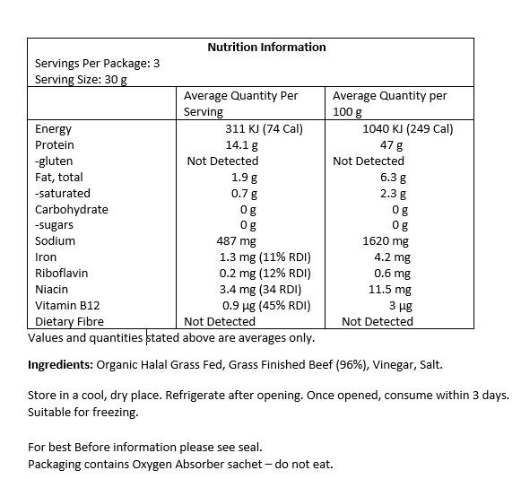 Organic Halal Grass-fed and Grass-finished Beef (96%), Vinegar, Salt.