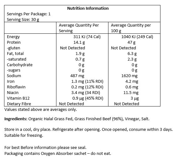Organic Halal Grass-fed and Grass-finished Beef (96%), Vinegar, Salt.