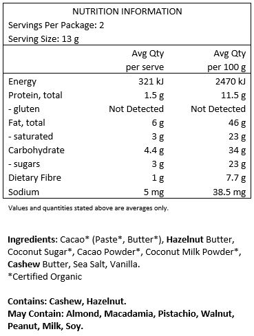 Cacao Paste*, Hazelnut Butter, Coconut Sugar*, Cacao Butter*, Cacao Powder*, Coconut
Milk Powder*, Cashew Butter, Sea Salt, Vanilla *Certified Organic