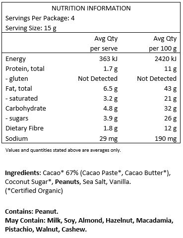 Cacao* 67% (Cacao Paste*, Cacao Butter*), Coconut Sugar*, Peanuts, Sea Salt, Vanilla
*Certified Organic