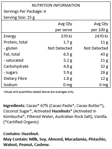 Cacao* 67% (Cacao Paste*, Cacao Butter*), Coconut Sugar*, Activated Hazelnuts*
(Activated in Kombucha*, Filtered Water, Australian Rock Salt), Vanilla *Certified Organic