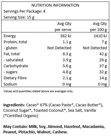 Cacao* 67% (Cacao Paste*, Cacao Butter*), Coconut Sugar*, Toasted Coconut*, Sea Salt,
Vanilla *Certified Organic