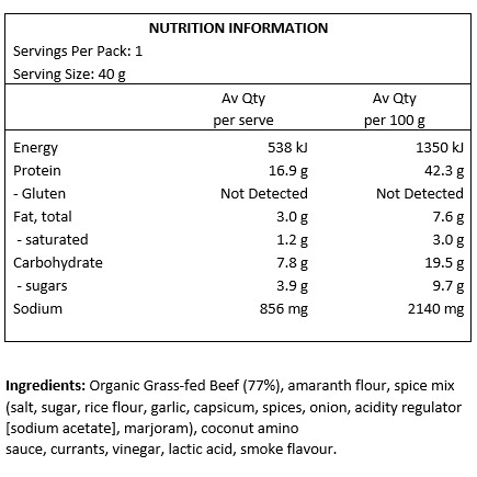 Organic Grass-fed Beef (77%), amaranth flour, spice mix (salt, sugar, rice flour, garlic, capsicum, spices, onion, acidity regulator [sodium acetate], marjoram), coconut amino sauce, currants, vinegar, lactic acid, smoke flavour.