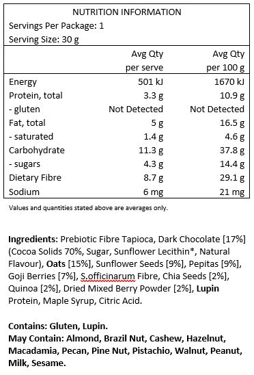 Prebiotic fibre tapioca, dark chocolate [17%] (cocoa solids 70%, sugar, sunflower lecithin*, natural flavour), oats [15%], sunflower seeds [9%], pepitas [9%], goji berries [7%], S.officinarum fibre, chia seeds [2%], quinoa [2%], dried mixed berry powder [2%], lupin protein, maple syrup, citric acid.