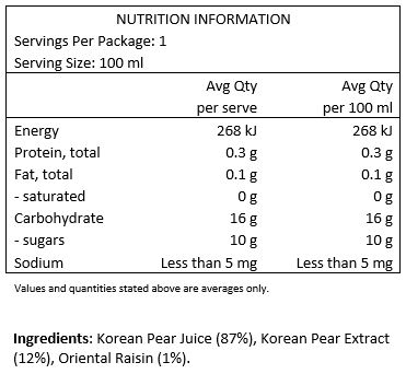 Korean Pear (86%), Korean Pear Extract (13%), Hovenia Dulcis (1%).